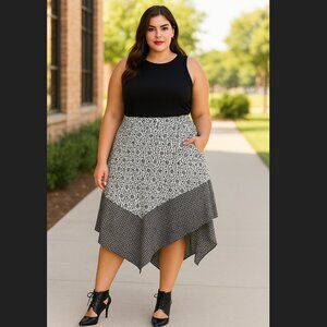 Banana Republic Handkerchief Midi Skirt Women's 14 Geo Print Black Pockets Flow
